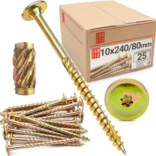 Lun Fix Tellerkopfschrauben 10x240 | 25 Stück | TX40 Torx | Tellerkopf mit Fräsrippen | Gelb Verzinkt | Holzschrauben | Terrassenschrauben | Spanplattenschrauben | Selbstschneidende Schrauben von Lun Fix
