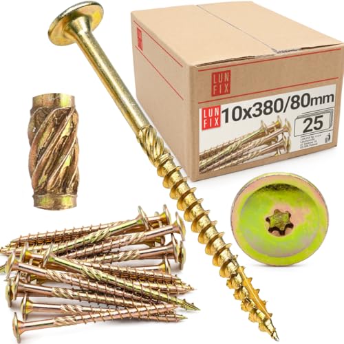 Lun Fix Tellerkopfschrauben 10x380 mm | 25 Stück | TX40 |Tellerkopf/Fräsrippen | Gelb Verzinkt | Torx Schrauben | Holzschrauben | Flachkopfschrauben Holz | Konstruktionsschrauben | von Lun Fix