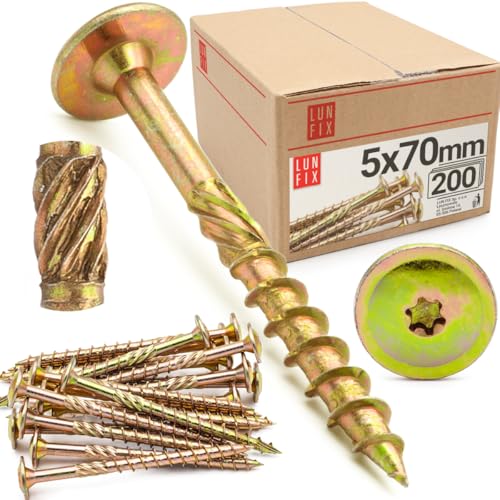Lun Fix Tellerkopfschrauben 5x70 mm | 200 Stück | TX25 |Tellerkopf/Fräsrippen | Gelb Verzinkt | Torx Schrauben | Holzschrauben | Flachkopfschrauben Holz | Konstruktionsschrauben | von Lun Fix