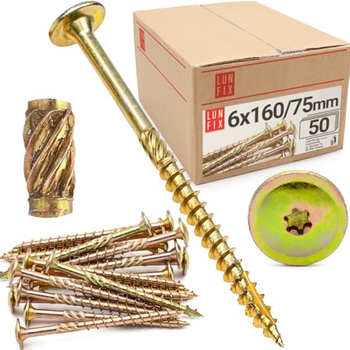 Lun Fix Tellerkopfschrauben 6x160 mm | 50 Stück | TX30 |Tellerkopf/Fräsrippen | Gelb Verzinkt | Torx Schrauben | Holzschrauben | Flachkopfschrauben Holz | Konstruktionsschrauben | von Lun Fix