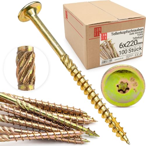 Lun Fix Tellerkopfschrauben 6x220 mm | 50 Stück | TX30 |Tellerkopf/Fräsrippen | Gelb Verzinkt | Torx Schrauben | Holzschrauben | Flachkopfschrauben Holz | Konstruktionsschrauben | von Lun Fix