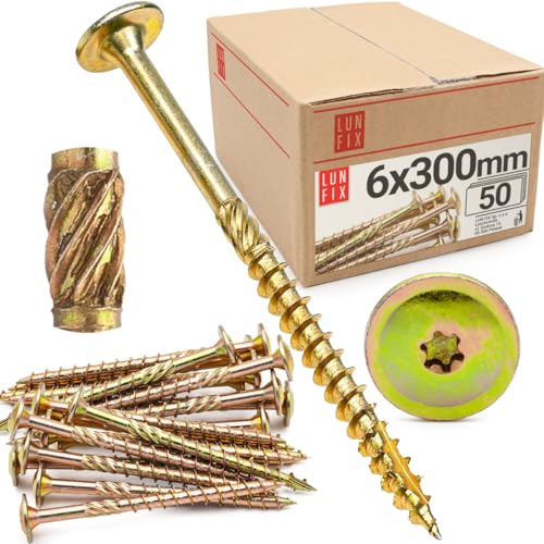 Lun Fix Tellerkopfschrauben 6x300 mm | 50 Stück | TX30 |Tellerkopf/Fräsrippen | Gelb Verzinkt | Torx Schrauben | Holzschrauben | Flachkopfschrauben Holz | Konstruktionsschrauben | von Lun Fix