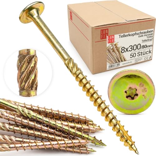 Lun Fix Tellerkopfschrauben 8x300 mm | 50 Stück | TX40 |Tellerkopf/Fräsrippen | Gelb Verzinkt | Torx Schrauben | Holzschrauben | Flachkopfschrauben Holz | Konstruktionsschrauben | von Lun Fix