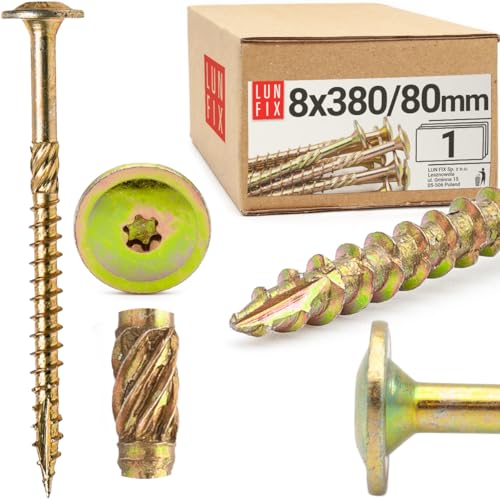 Lun Fix Tellerkopfschrauben 8x380 mm | 1 Stück | TX40 |Tellerkopf/Fräsrippen | Gelb Verzinkt | Torx Schrauben | Holzschrauben | Flachkopfschrauben Holz | Konstruktionsschrauben | von Lun Fix