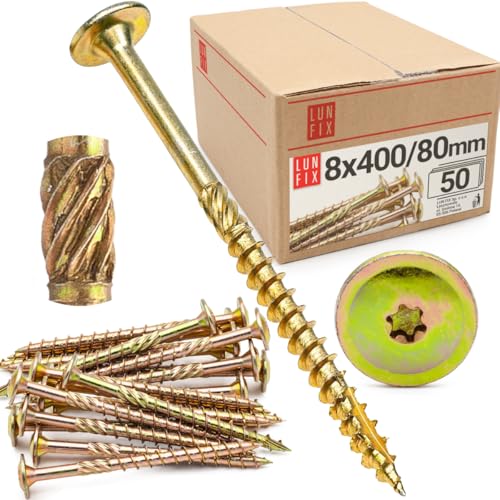 Lun Fix Tellerkopfschrauben 8x400 mm | 50 Stück | TX40 |Tellerkopf/Fräsrippen | Gelb Verzinkt | Torx Schrauben | Holzschrauben | Flachkopfschrauben Holz | Konstruktionsschrauben | von Lun Fix