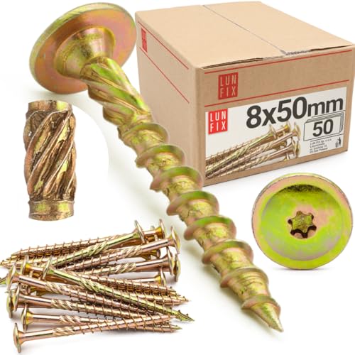 Lun Fix Tellerkopfschrauben 8x50 mm | 50 Stück | TX40 |Tellerkopf/Fräsrippen | Gelb Verzinkt | Torx Schrauben | Holzschrauben | Flachkopfschrauben Holz | Konstruktionsschrauben | Lun Fix Tellerkopfschrauben 8x50 mm | 50 Stück | TX40 |Tellerkopf/Fräsrippen | Gelb Verzinkt | Torx Schrauben | Holzschrauben | Flachkopfschrauben Holz | Konstruktionsschrauben | von Lun Fix