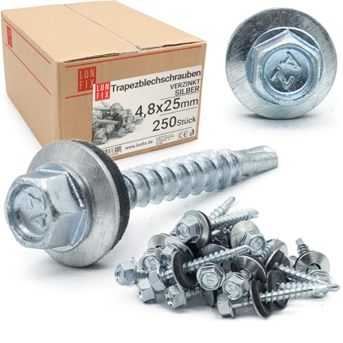 Lun Fix Trapezblechschrauben 4,8 x 25 mm | 250 Stück | Silber verzinkt | Spenglerschrauben mit dichtscheibe,Selbstbohrende blechschrauben mit dichtung,Bohrschrauben für dachbleche mit Bohrspitze Lun Fix Trapezblechschrauben 4,8 x 25 mm | 250 Stück | Silber verzinkt | Spenglerschrauben mit dichtscheibe,Selbstbohrende blechschrauben mit dichtung,Bohrschrauben für dachbleche mit Bohrspitze von Lun Fix
