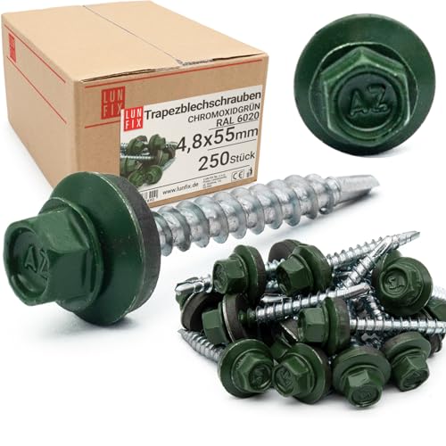 Lun Fix Trapezblechschrauben 4,8 x 55 mm | 250 Stück | Chromoxidgrün RAL 6020 |Spenglerschrauben mit dichtscheibe,Selbstbohrende blechschrauben mit dichtung,Bohrschrauben für dachbleche mit Bohrspitze Lun Fix Trapezblechschrauben 4,8 x 55 mm | 250 Stück | Chromoxidgrün RAL 6020 |Spenglerschrauben mit dichtscheibe,Selbstbohrende blechschrauben mit dichtung,Bohrschrauben für dachbleche mit Bohrspitze von Lun Fix