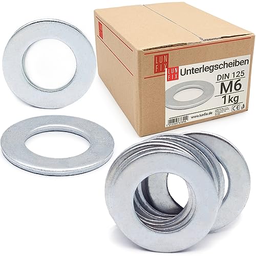 Lun Fix Unterlegscheiben M6 DIN 125 | 1Kg - ca.1050 Stck.| Verzinkter Stahl, Unterlegscheibe für Schrauben Flach Beilagscheiben für Gewindebolzen & Gewindestangen, Flat Washers, dünnen Scheiben von Lun Fix