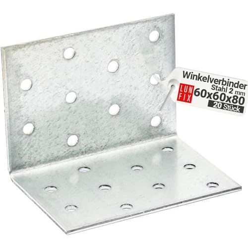 Lun Fix Winkelverbinder -20Stück – Lochplattenwinkel 60x60x80x2,0 - Winkel - Klein Montagewinkel – Holzverbinder - Korrosionsschutz – Lochwinkel von Lun Fix