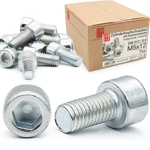 Lun Fix Zylinderkopfschrauben mit Innensechskant | M 5 x 12 mm | Festigkeitsklasse 8.8 | 1kg (290 Stk.) | Verzinkte Stahl | Metrisches ISO-Gewinde bis Kopf | DIN 912 | Vollgewinde | Rechtsgewinde von Lun Fix