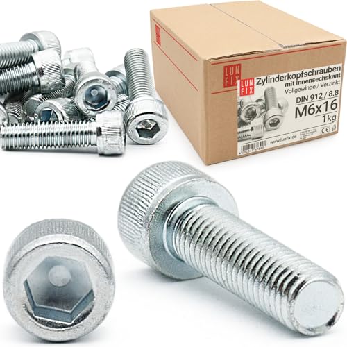 Lun Fix Zylinderkopfschrauben mit Innensechskant | M 6 x 16 mm | Festigkeitsklasse 8.8 | 1kg (165 Stk.) | Verzinkte Stahl | Metrisches ISO-Gewinde bis Kopf | DIN 912 | Vollgewinde | Rechtsgewinde von Lun Fix