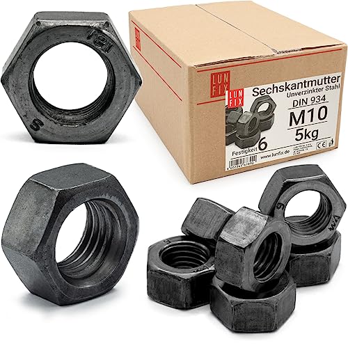 Sechskantmutter M10-5 Kg (ca.500 Stk.) Festigkeit 6 Regelgewinde DIN 934 Muttern für Schrauben, Metrisches Mutter für Gewindebolzen, Sechskantmuttern für Gewindestangen von Lun Fix