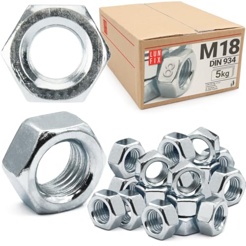Sechskantmutter M18-5 Kg (ca.116 Stk.) Festigkeit 8 Verzinkter Stahl, Regelgewinde DIN 934 Muttern für Schrauben, Metrisches Mutter für Gewindebolzen, Sechskantmuttern für Gewindestangen von Lun Fix