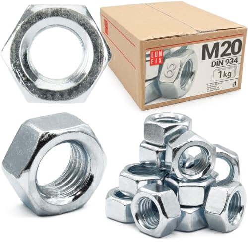 Sechskantmutter M20-1 Kg (ca.17 Stk.) Festigkeit 8 Verzinkter Stahl, Regelgewinde DIN 934 Muttern für Schrauben, Metrisches Mutter für Gewindebolzen, Sechskantmuttern für Gewindestangen von Lun Fix