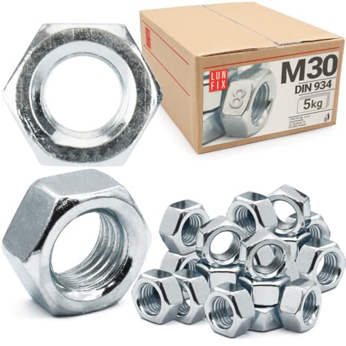 Sechskantmutter M30-5 Kg (ca.24 Stk.) Festigkeit 8 Verzinkter Stahl, Regelgewinde DIN 934 Muttern für Schrauben, Metrisches Mutter für Gewindebolzen, Sechskantmuttern für Gewindestangen von Lun Fix