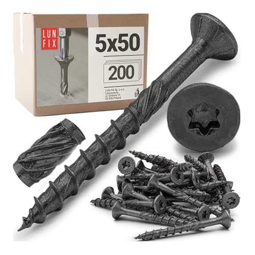 Selbstschneidende Schrauben Ø 5,0x50 mm 200 Stk. Senkkopf aus Stahl schwarz verzinkt T25 für Holz, Möbelbau, Zaun, Terrassenbau Selbstschneidende Schrauben Ø 5,0x50 mm 200 Stk. Senkkopf aus Stahl schwarz verzinkt T25 für Holz, Möbelbau, Zaun, Terrassenbau von Lun Fix