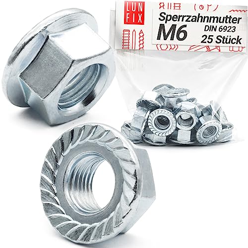 Sperrzahnmutter M6-25 Stück verzinkter Stahl Flanschmutter DIN 6923 Sechskantmutter mit Flansch und Sperrverzahnung, Muttern für Gewindebolzen, Bundmutter für Gewindestangen Sperrzahnmutter M6-25 Stück verzinkter Stahl Flanschmutter DIN 6923 Sechskantmutter mit Flansch und Sperrverzahnung, Muttern für Gewindebolzen, Bundmutter für Gewindestangen von Lun Fix