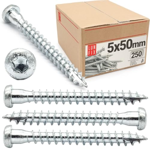 Winkelbeschlagschraube 5x50 mm TX20-250 Stk. Vollgewinde Holzverbinderschrauben mit ETA Holzschrauben Silber Verzinkt von Lun Fix