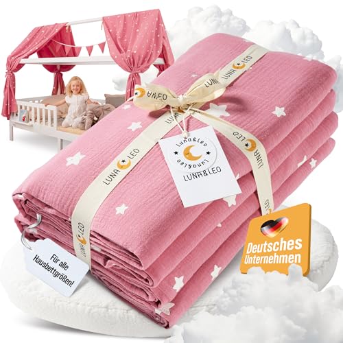 Luna & Leo Hausbett Himmel - mit Sternendruck [Bio Musselin Baumwolle] Handmade | Himmelbett Vorhänge Betthimmel Deko (Altrosa, 2er Set 320 x 130cm + Wimpelkette) von Luna & Leo