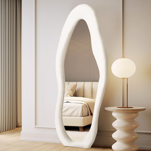 LunaMirror Ganzkörperspiegel 160 x 60 cm Unregelmäßig Gewellt Ganzkörperspiegel Wandmontage Bodenspiegel mit Ständer Weiß Flanellrahmen Anlehnender Wandspiegel für Schlafzimmer Eingang von LunaMirror