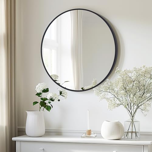 LunaMirror Runmd Wandspiegel 76 x 76 cm Badspiegel Schwarzer Spiegel Modernes Design Dekorativ für Badezimmer, Schlafzimmer, Eingangsbereich, Wohnzimmer, Flur von LunaMirror