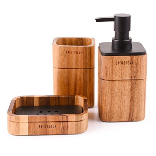 Badezimmerset 3-teiliges Badzubehör-Set aus Akazienholz mit Seifenspender, Badezimmerbecher, Seifenschale, Zubehör für Badezimmerdekoration Badezimmerset 3-teiliges Badzubehör-Set aus Akazienholz mit Seifenspender, Badezimmerbecher, Seifenschale, Zubehör für Badezimmerdekoration von Lunaicorn