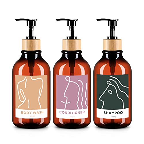 Lunaicorn 3 Stück 450ml seifenspender Kunststoff Braun Flasche, Plastik Shampoo Spender zum Befüllen - Pumpflasche + Aufkleber von Lunaicorn