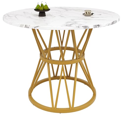 Lunanniu 100cm Runder Esstisch, Modernes Design Metallgestell Runder Couchtisch mit Marmoroptik, Platzsparender Küchentisch für 2–4 Personen, geeignet für Esszimmer, Wohnzimmer (Gold) von Lunanniu