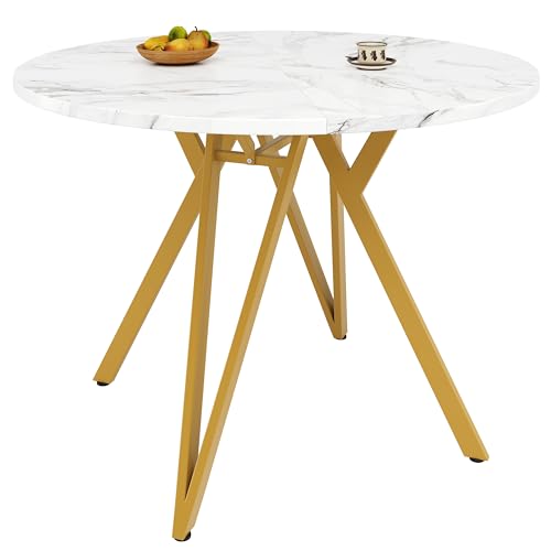 Lunanniu 100cm Runder Esstisch mit moderner Marmoreffektplatte, Küchen-Esstisch mit Vier Metallbeinen, Runder Couchtisch für 4 Personen, geeignet für Esszimmer, Wohnzimmer (Gold) von Lunanniu