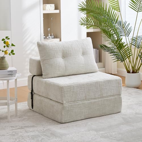 Lunanniu Bodensofa Schlafsofa 140cm Breit mit Kissen, 2-in-1 Klappbares Schlafsofa mit Schlaffunktion, Faltbare Matratze mit Rückenlehne, tragbares Klappsofa für Wohnzimmer Schlafzimmer (Beige) von Lunanniu