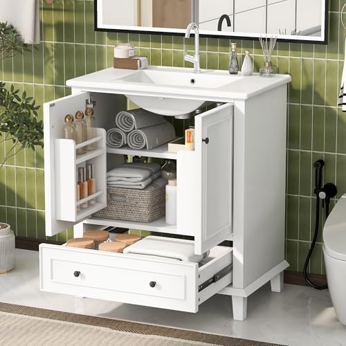 Lunanniu Bodenstehender Badezimmerschrank mit Waschbeck, Waschtisch,Beine aus Massivholz, mit Zwei Schranktüren und Einer geräuschlos gleitenden Schublade, 76x46x87cm (Weiß) von Lunanniu