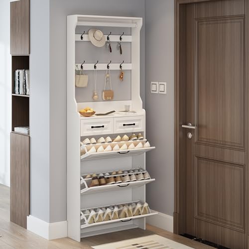 Lunanniu Garderobenregal mit Schuhschrank Eingangsschrank mit 3 Klapptüren und 2 Schubladen 8 Haken Ideal für EIN Vorzimmer, Flur, Arbeitszimmer, Büro (Weiß) von Lunanniu