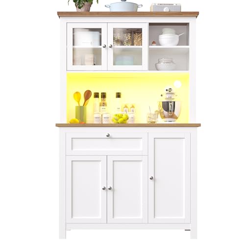 Lunanniu Küchenschrank(104×40×180cm), Hochschrank Küchenbuffet Vitrinenschrank Buffetschrank mit Verstellbaren Ablagen, Weinregal, Sideboard mit LED-Beleuchtung,Variable Lichtfarben, Weiß von Lunanniu