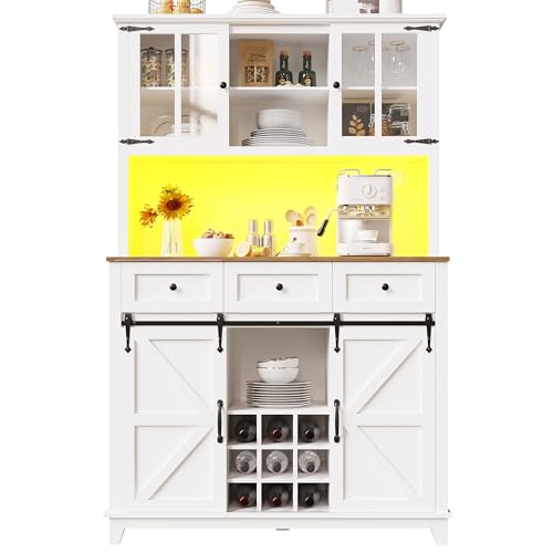Lunanniu Küchenschrank, Hochschrank Küchenbuffet mit LED-Beleuchtung, Variable Lichtfarben, Vitrinenschrank, Buffetschrank mit Verstellbaren Ablagen, Esszimmerschrank mit Schubladen (Weiß) von Lunanniu