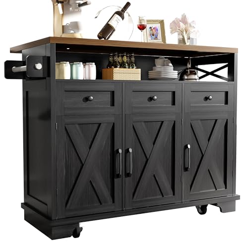 Lunanniu Küchenwagen Moderne Kücheninsel mit Rädern Küchenschrank Buffetschrank mit 3 Schubladen Arbeitsplatte klappbar Handtuchhalter, Schwarz Für Esszimmer 118 * 43 * 98cm (Schwarz) von Lunanniu