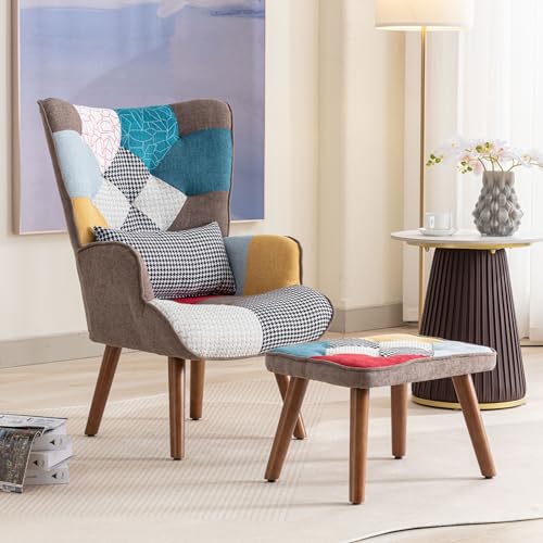 Lunanniu Relaxsessel mit Hocker, Patchwork Sessel Holz Sessel, Wohnzimmer Moderner Ohrensessel Polstersessel mit Hocker Fernsehsessel für Wohnzimmer Schlafzimmer, Bunt Lunanniu Relaxsessel mit Hocker, Patchwork Sessel Holz Sessel, Wohnzimmer Moderner Ohrensessel Polstersessel mit Hocker Fernsehsessel für Wohnzimmer Schlafzimmer, Bunt von Lunanniu