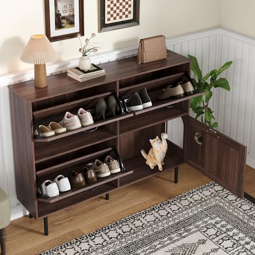 Lunanniu Schuhschrank mit 4 Klappen, Schuhkipper Schmal mit 3 Klappen, Haustierfreundliches Design mit Ablage für Tierspielzeug, Flurschrank für Diele, Flur, Garderobe, 100x91x19cm, Walnussholz Lunanniu Schuhschrank mit 4 Klappen, Schuhkipper Schmal mit 3 Klappen, Haustierfreundliches Design mit Ablage für Tierspielzeug, Flurschrank für Diele, Flur, Garderobe, 100x91x19cm, Walnussholz von Lunanniu