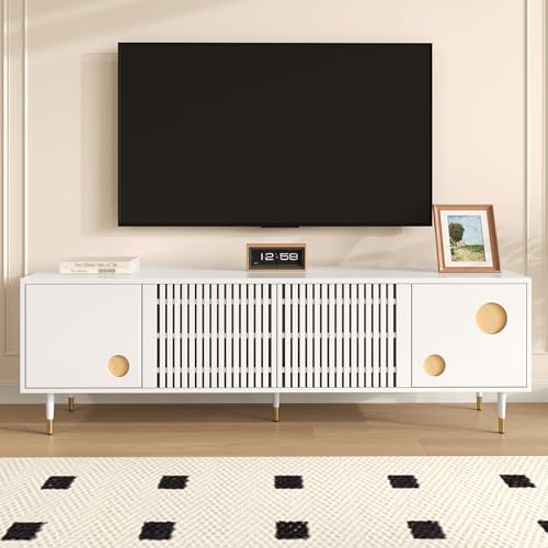 Moderner Fernsehtisch TV Schrank Lowboard 170 L x 36 B x 54 H(cm), Fernsehtisch mit 4 Türen, TV Board für Wohnzimmer Esszimmer, Schlafzimmer, Versteckten Griffen, Golddekor. Wohnzimmermöbel (Weiß) von Lunanniu