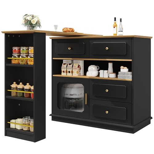Moderner ausziehbarer Bartisch mit 4 Schubladen, Ausziehbarer Esstisch mit Stauraum, 360° drehbare Essbar, Beweglicher Bar Table Sideboardschrank mit Regalen und Glas(125-181×39×104,5cm), Schwarz von Lunanniu