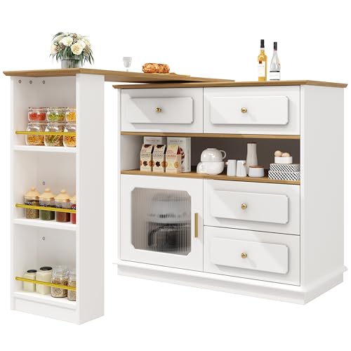 Moderner ausziehbarer Bartisch mit 4 Schubladen, Ausziehbarer Esstisch mit Stauraum, 360° drehbare Essbar, Beweglicher Bar Table Sideboardschrank mit Regalen und Glas(125-181×39×104,5cm), Weiß von Lunanniu