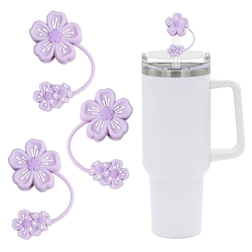 LunarCharm 3 Stück Blütenform Silikon Strohhalm Abdeckungen für Stanley Cup, Staubdicht Strohhalmaufsatz Kompatibel mit 10mm 30&40 Oz Stanley Tumbler, Wiederverwendbare, Lila von LunarCharm
