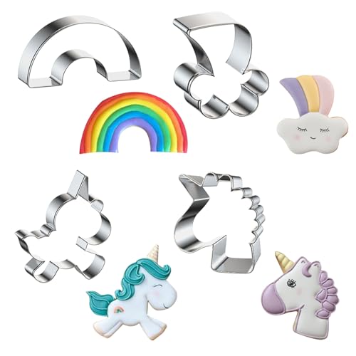 LunarCharm 4 Stück Einhorn Stern Plätzchen Ausstecher Set, Ausstechformen, Edelstahl Plätzchenausstecher, Regenbogen Keksausstecher, Einhorn Cookie Cutter Geschenke für Kinder von LunarCharm