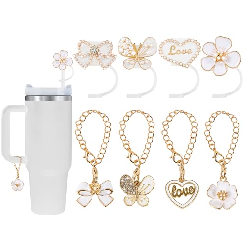 LunarCharm 8-teiliges Set Blumenstroh-Abdeckkappe Für Stanley-Becher, 10 mm glitzernde Schmetterlings-Abdeckkappe und passende Kettenanhänger, wiederverwendbar (Weiß) von LunarCharm