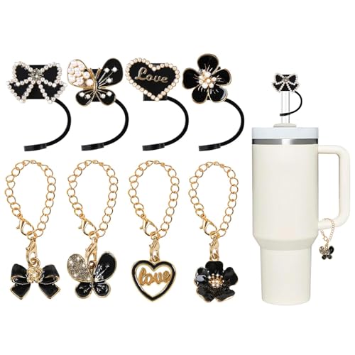 LunarCharm 8-teiliges Set Blumenstroh-Abdeckkappe Für Stanley-Becher, wiederverwendbar 10 mm glitzernde Schmetterlings-Abdeckkappe und passende Kettenanhänger, Schwarz von LunarCharm