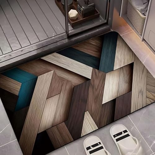 Hyperrealistischer 3D-Holzteppich, Holz-Badematte, Duschmatte, Eingangsmatte für drinnen und draußen, super saugfähig, ultradünn, rutschfest, schnell trocknend, für drinnen und draußen, passt unter von LunarCrafters
