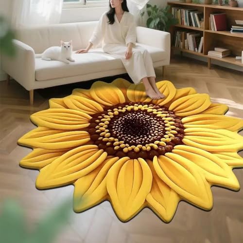 Sonnenblumen-Teppich, rund, Sonnenblumenteppich für Wohnzimmer, Eingangsmatte für drinnen und draußen, super saugfähig, ultradünn, rutschfest, schnell trocknend, für drinnen und draußen, passt unter von LunarCrafters