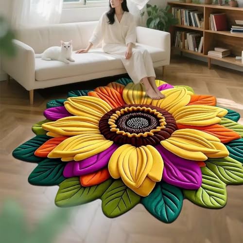 Sonnenblumen-Teppich, rund, Sonnenblumenteppich für Wohnzimmer, Eingangsmatte für drinnen und draußen, super saugfähig, ultradünn, rutschfest, schnell trocknend, für drinnen und draußen, passt unter von LunarCrafters