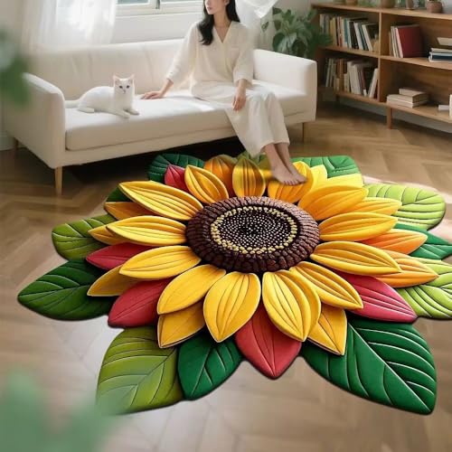Sonnenblumenteppich, rund, Sonnenblumenteppich für Wohnzimmer, Eingangsmatte für drinnen und draußen, super saugfähig, ultradünn, rutschfest, schnell trocknend, für drinnen und draußen, passt unter von LunarCrafters