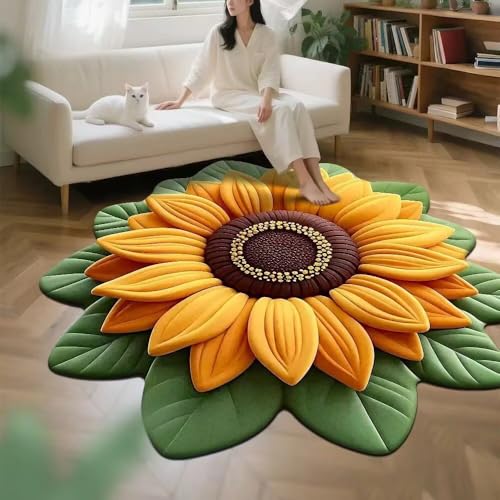 Sonnenblumenteppich, rund, Sonnenblumenteppich für Wohnzimmer, Eingangsmatte für drinnen und draußen, super saugfähig, ultradünn, rutschfest, schnell trocknend, für drinnen und draußen, passt unter von LunarCrafters